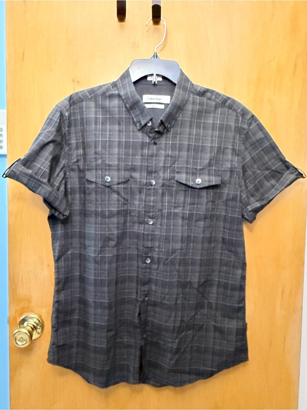 Calvin Klein Short Sleeve Black & Gray Plaid Button-Down Shirt